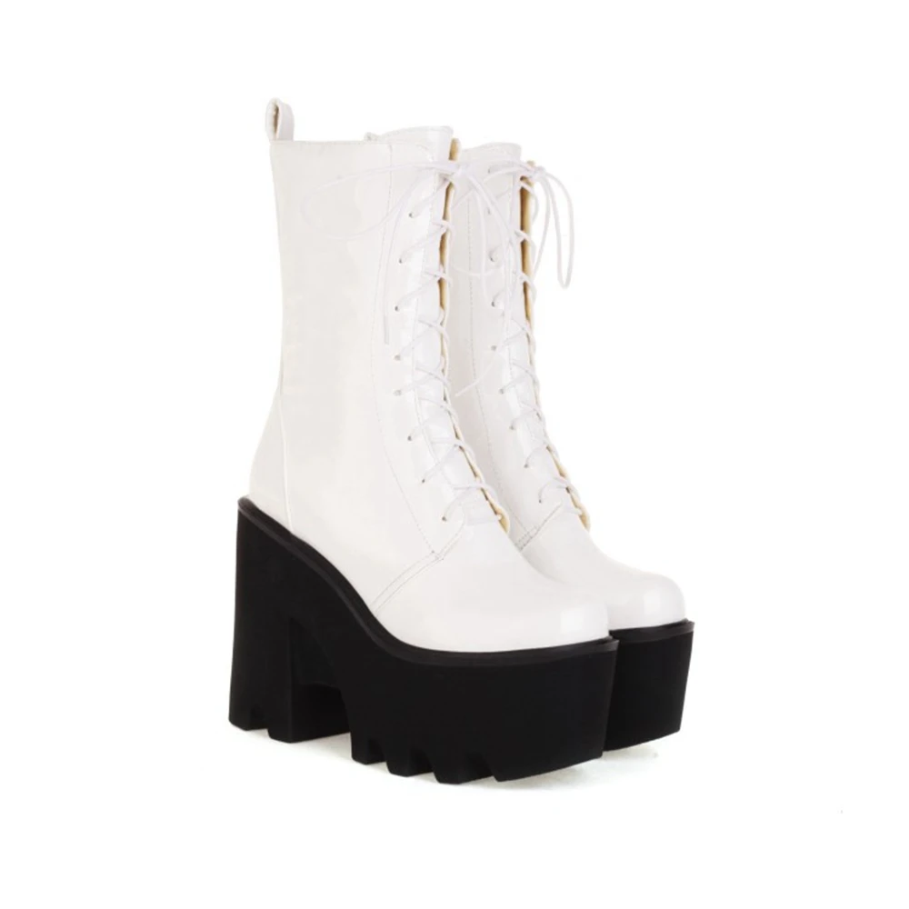 Damen Gothic-Stiefel aus Lackleder mit Schnürung, Plateau-Stiefel mit seitlichem Reißverschluss, Peep-Toe-Stiefel, mittelhohe Stiefel, Schwarz, Weiß, 6620