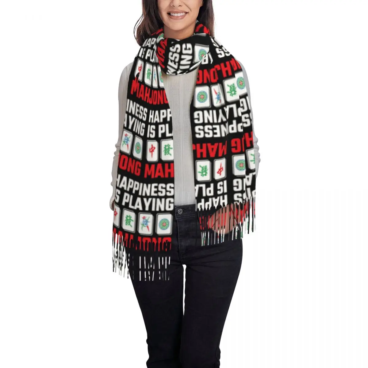 Happiness Is Playing Mahjong Tiles Party Game Scarf Tassel Scarves for Women Soft Shawls and Wraps Long Fall Winter Shawl Wrap
