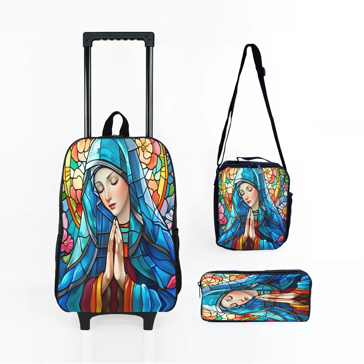 Set Tas Troli Beroda Motif Bunda Maria dengan Kotak Makan dan Tempat Pensil, Tas Ransel Troli Sekolah untuk Anak Perempuan/Laki-laki