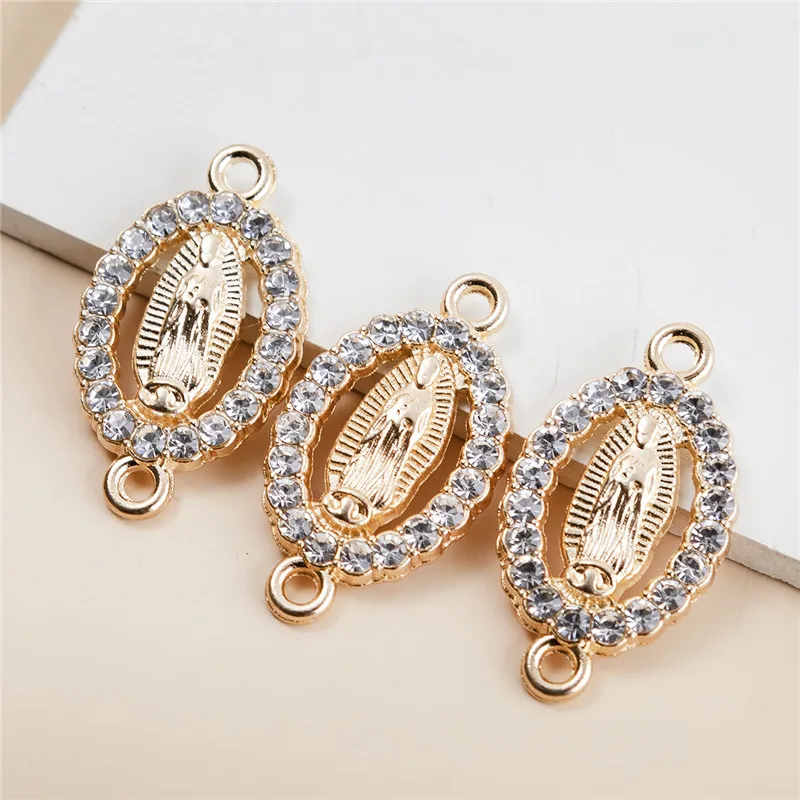 3Pcs Gold Color Crystal Oval Virgin Mary Alloy Pendant Connector Fashion Handmade Diy Bracelet Women Jewelry Accessories Making