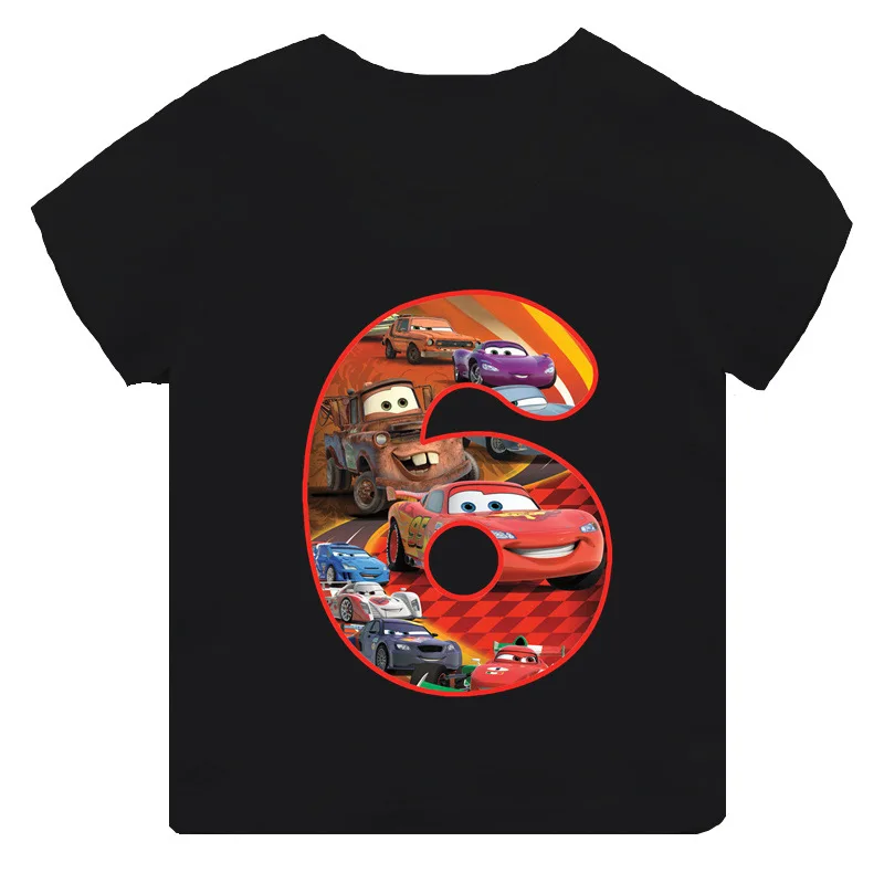 Car Pixar Lightning McQueen Number 1-9 Printed T-Shirt Solid Color Playful Short Sleeve Neat Cotton Top Uniquely Designed Cloth