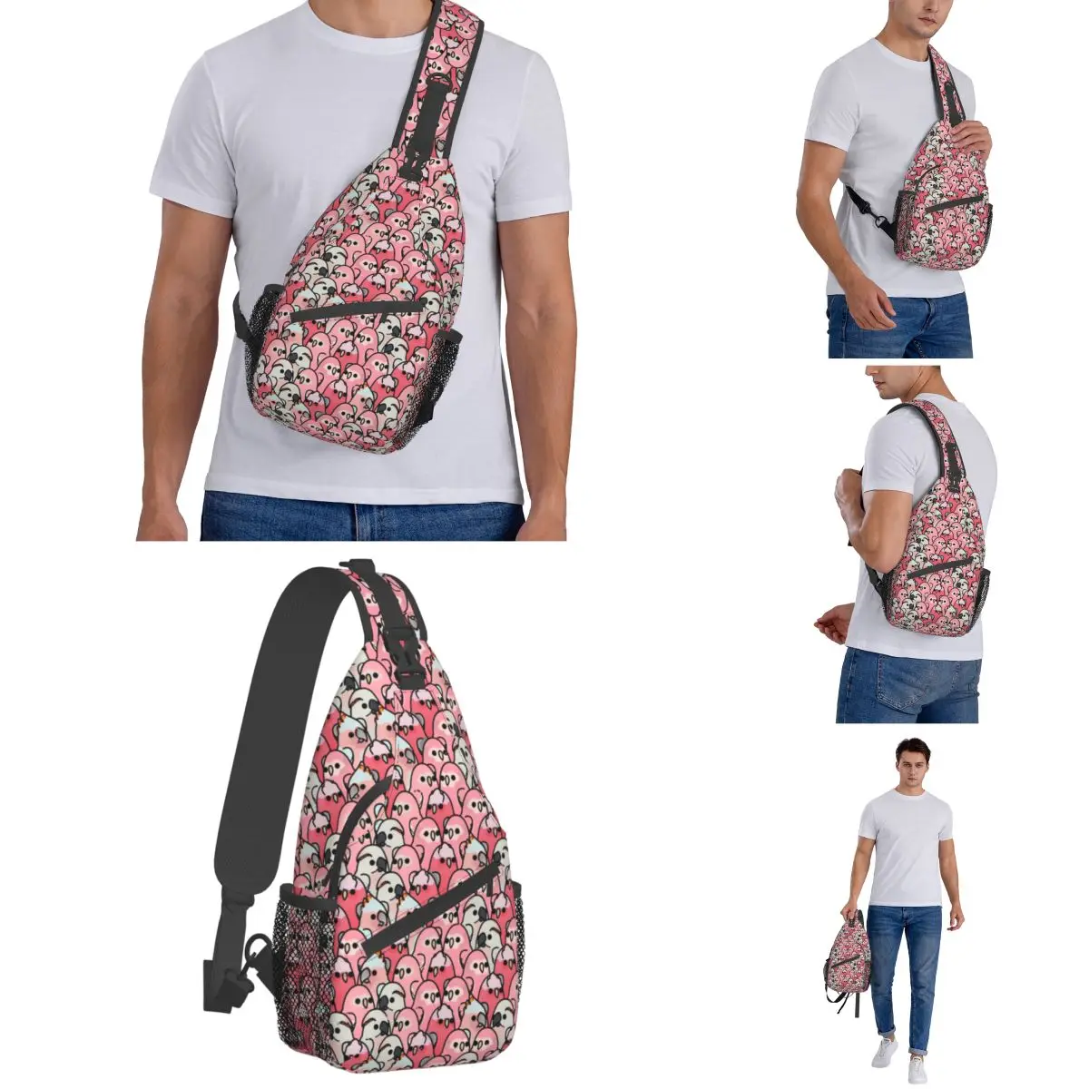 Budgie Too Many Birds Pink Parrot Small Sling Bag Chest Crossbody Shoulder Sling Backpack Hiking Travel Daypacks Pattern Satchel