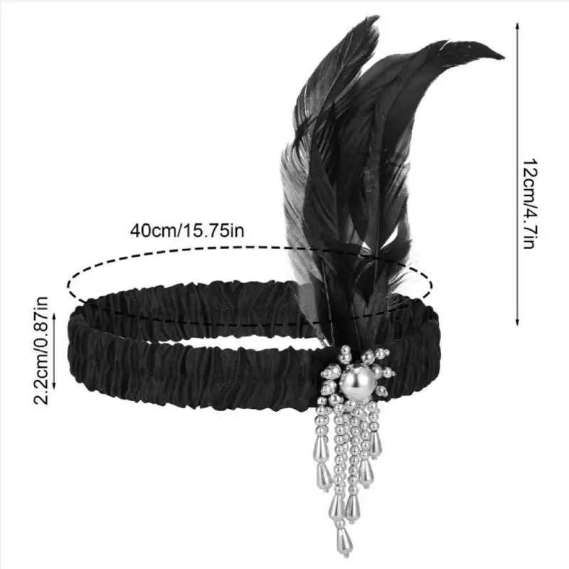 Women's Black Hair Accessories Beaded Hair Band 1920s Retro Gatsby Single Party Ladies Headwear Dress UP Feather Headband view 5