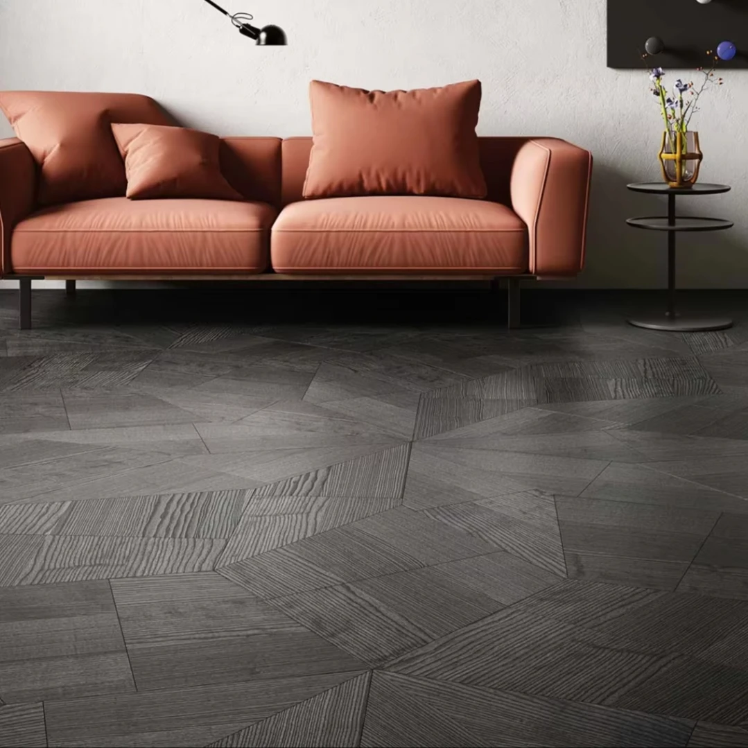 Versi khusus dari parket kayu ek berbentuk khusus yang dibuat tangan, lantai kayu yang dipotong sempurna untuk kehidupan kontemporer.