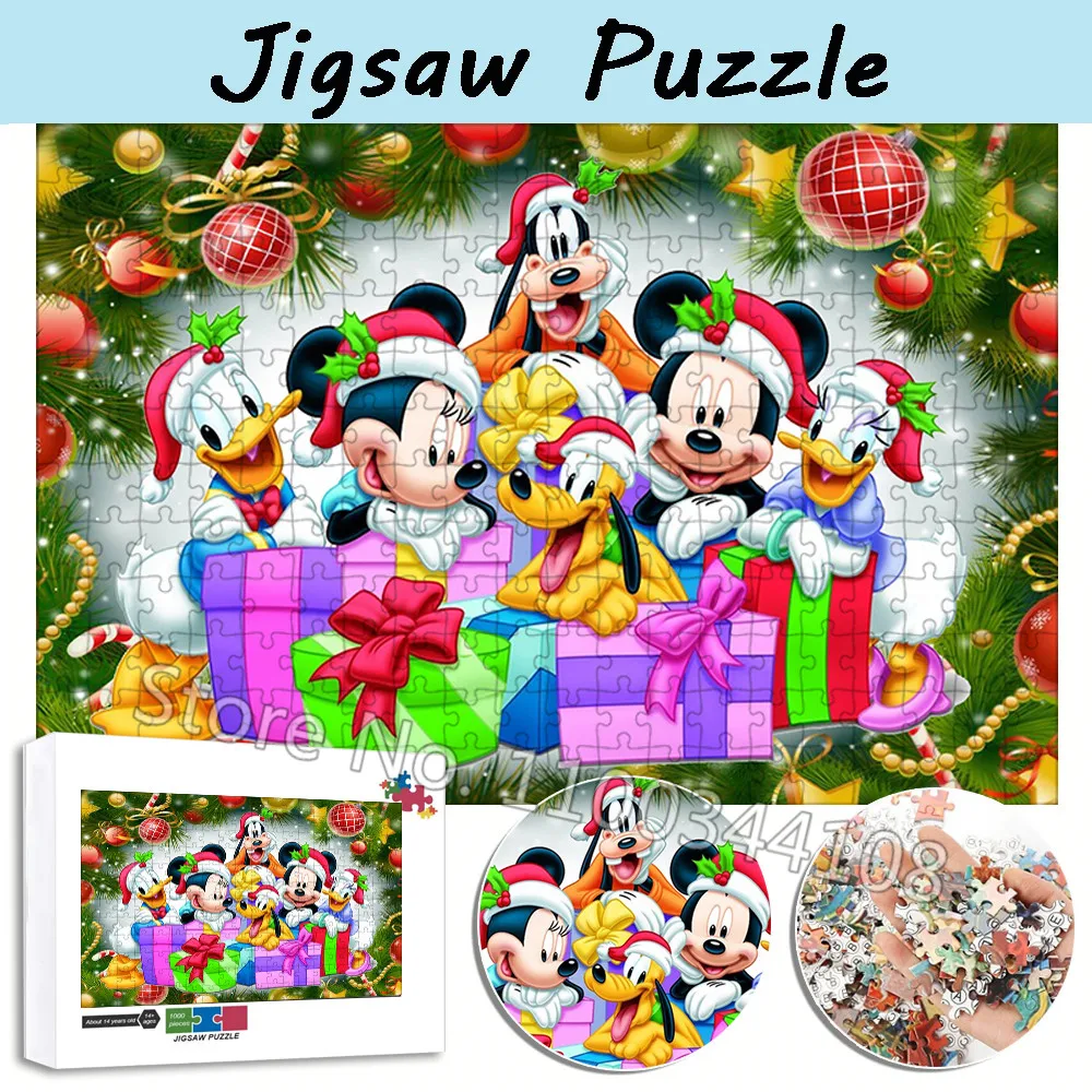 

Disney Christmas Puzzle Mickey Minnie Donald Duck Cartoon Characters Jigsaw Puzzles Adult Children Handmade Toys New Year Gift