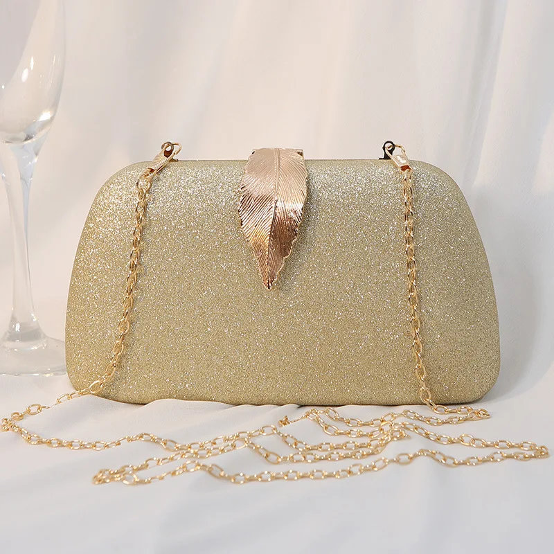 Women Evening Purse with Leaf Small Handbag Crossbody Bag Bling Sequined Chain Party Banquet Bag for Female Luxury Clutch Prom