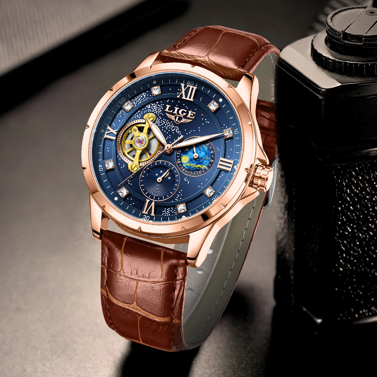 LIGE Men's Watch Fashion Starry Business Date Moon Phase Mechanical Men Watches Luxury Hollow Original Waterproof Watch For Men