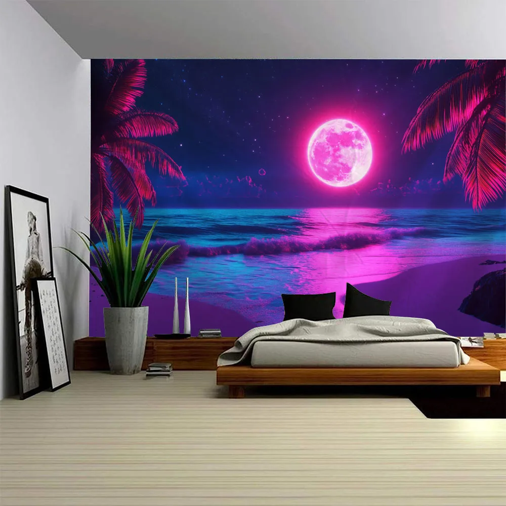 Sea Starry Sky And Coconut Tree Landscape Tapestry Wall Hanging Multi-Size Living Room Hotel Sofa Decorative Feature Wall Art