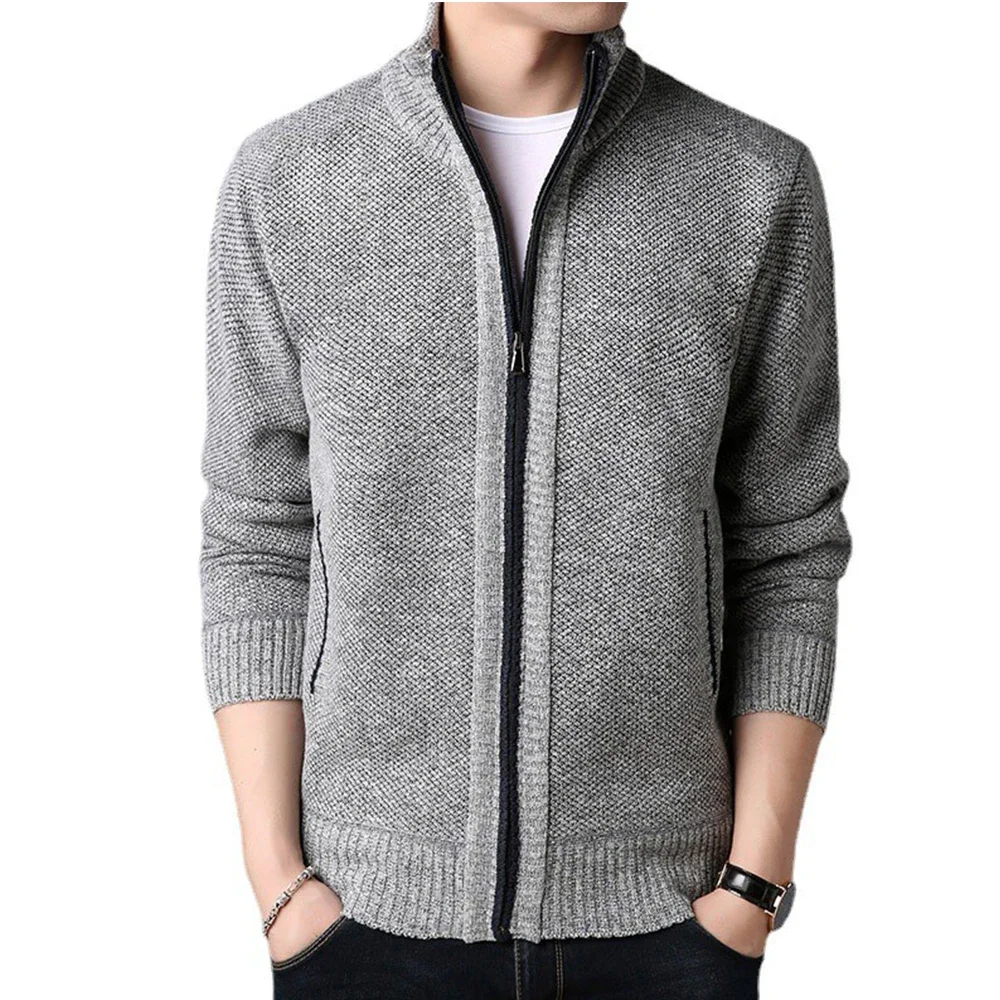 Men\'s Knitted Sweater Winter Thick Coat Long Sleeve Cardigan Stand Collar Fleece Male Zipper Blouse Causal Clothing for Autumn