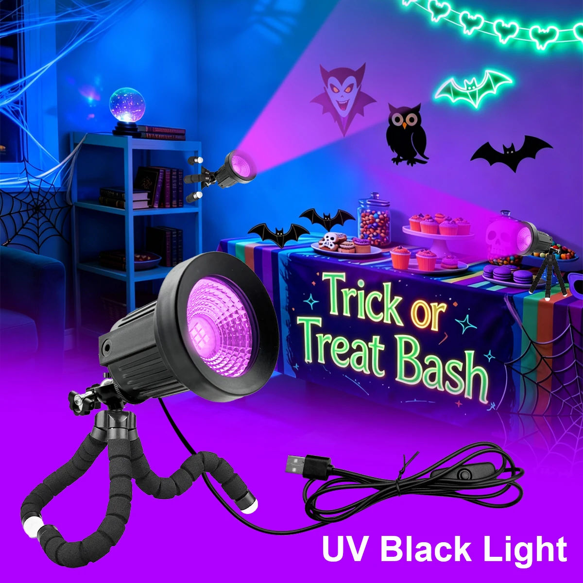 

Octopus 395 UV black light LED purple lamp cabinet spotlight, 5V with switch, Halloween party lighting