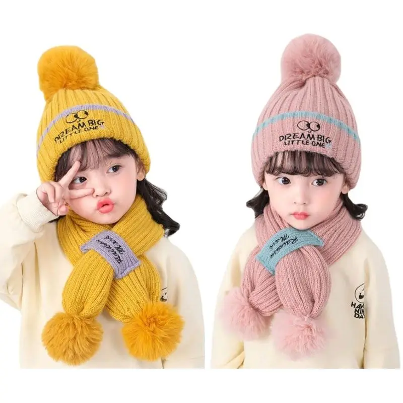 Doitbest Boy Girl Kids Beanie Sets Cute Big eyes 2 pcs 2021 Warm Boys Girls Winter villus Hat Scarf Set For 3 to 9 Years old