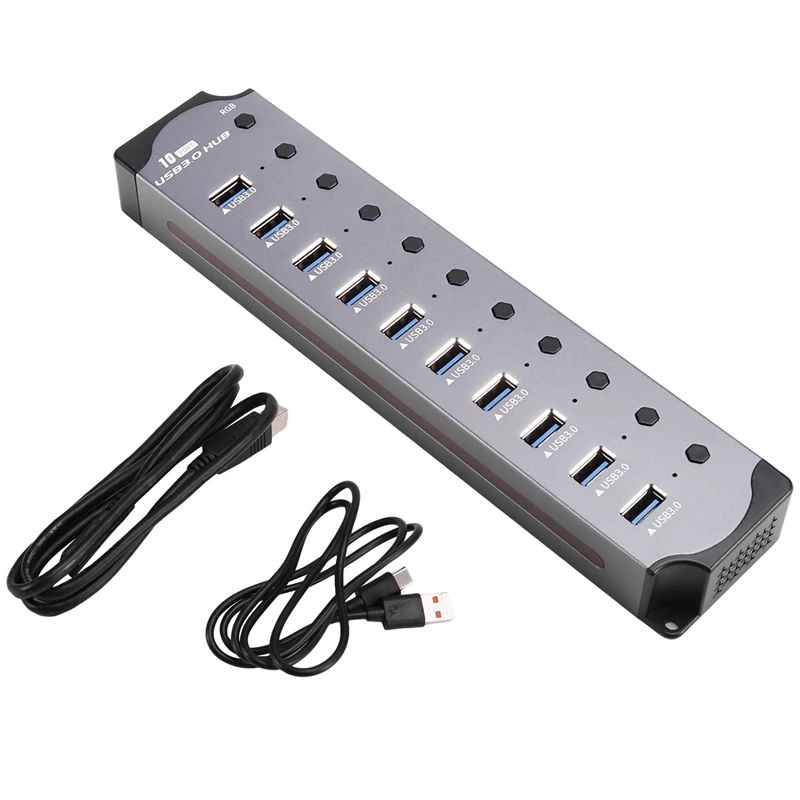 10 in 1 Powered USB HUB 10 Ports USB Adapter USB Splitter USB 3.0 Interface Individual Switch RGB E-Marker Heat Design