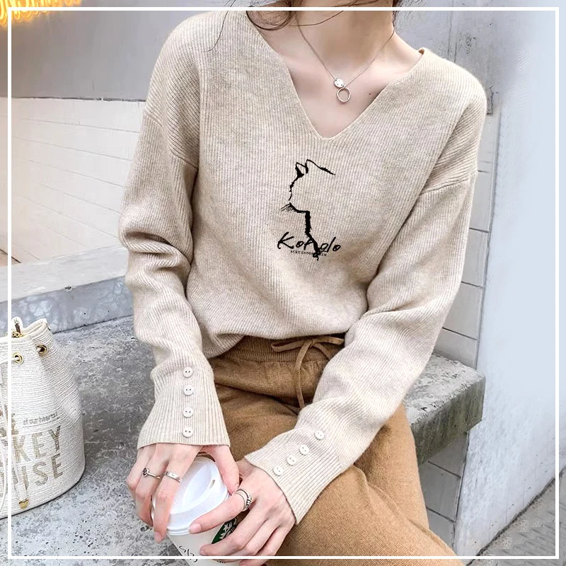 Korean Loose Sweater for Women Autumn and Winter 2024 New Style with Belly Covering V-neck Knit Bottom French Long Sleeves Top