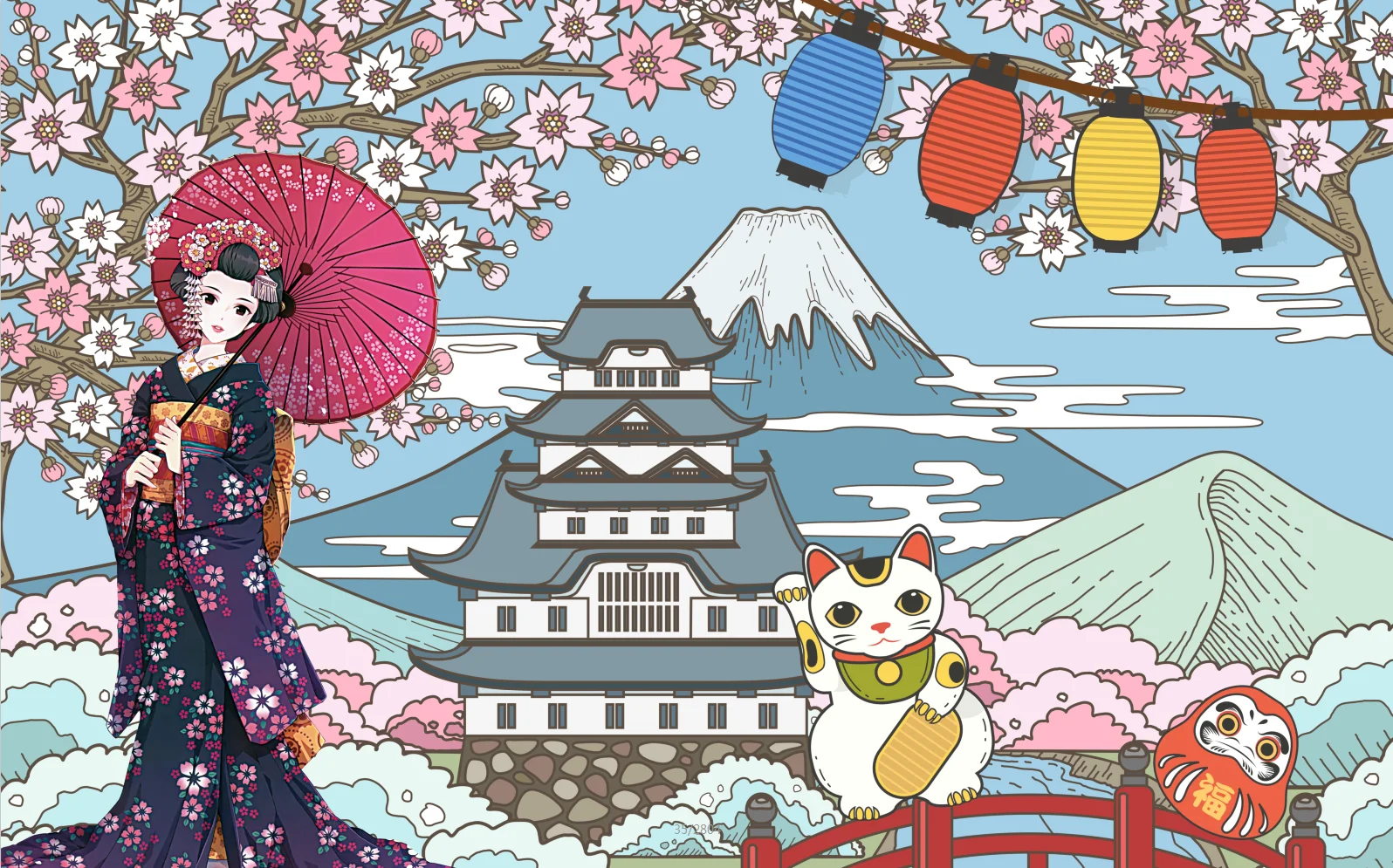 Custom 3d wallpaper, Japanese sushi, lucky cat, lady picture mural, Japanese restaurant partition painting, wall painting,