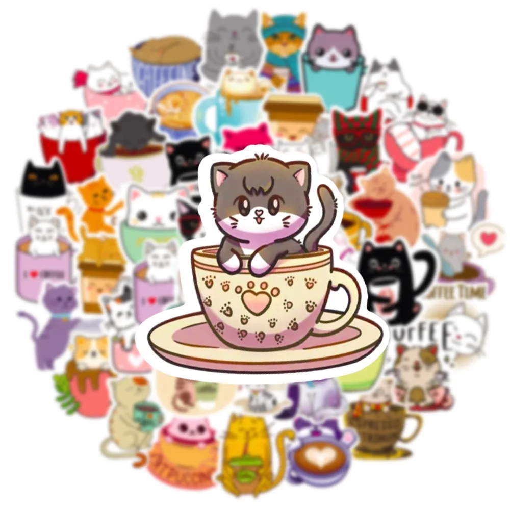 50pcs Cat In The Cup Stickers Pack Waterproof Phone Case Cute Laptop Skin Kawaii Packaging Korean Stationery Art Supplies