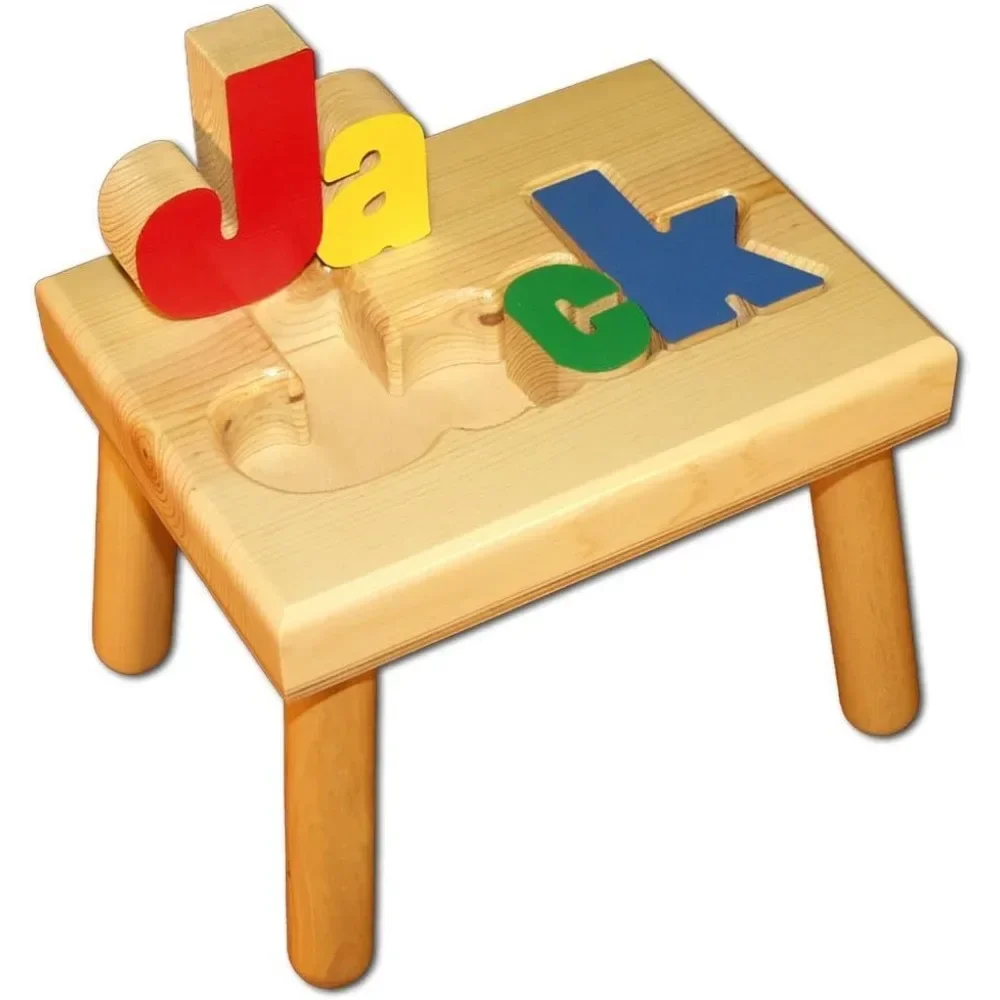 

Children's Stools, Personalized Wooden Child's Name Puzzle Stool Primary Colors,Solid Piece of Ponderosa Pine Wood,No Laminates.