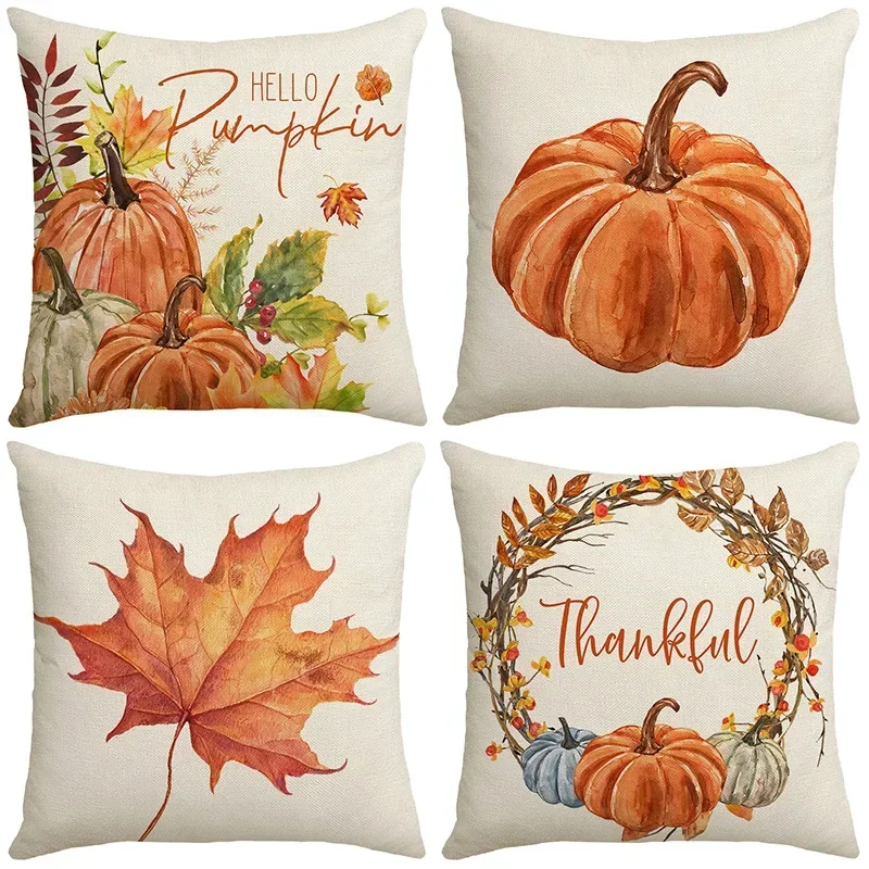 Autumn Pumpkin Maple Leaves Wreath Print Cushion Cover Thanksgiving Decorations Pillow Case Farmhouse Home Decor Pillow Cover