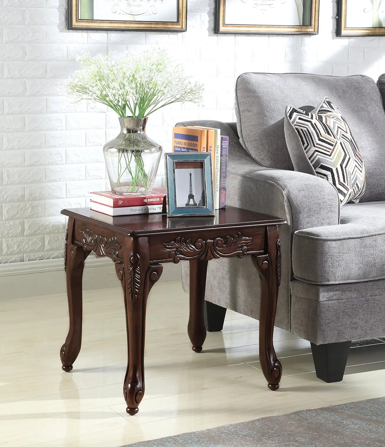 

Elegant Handcrafted Wood End Table with Intricate Carved Design in Rich Dark Cherry Finish