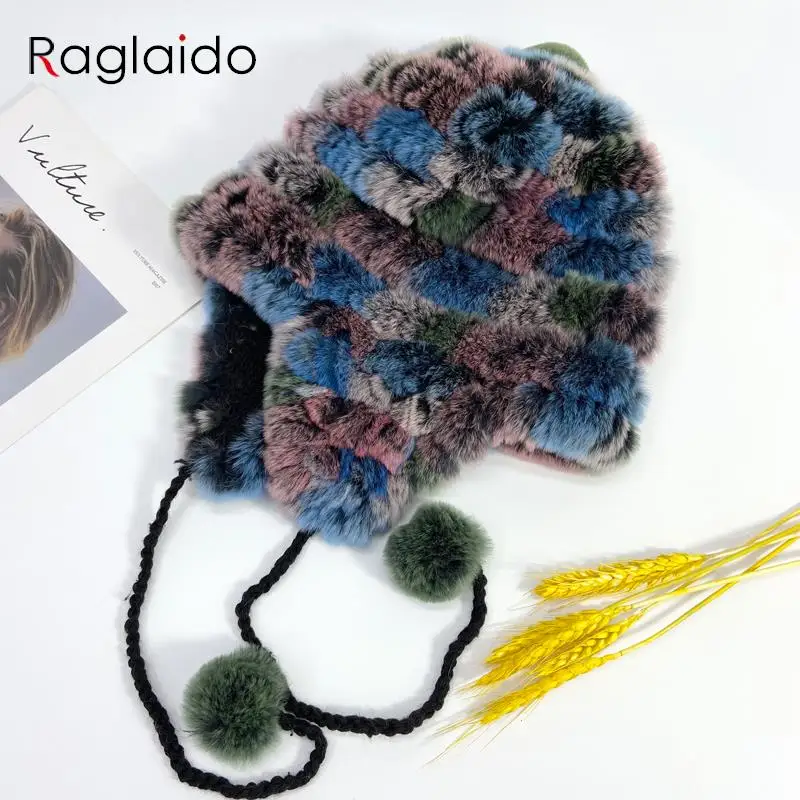 

Rabbit Fur Knitted Bomber Hat Women Winter Warm Soft Earflap Ball Cap Pompom Thick Liner Girl Hat Fluffy Multicolor Striped Hats