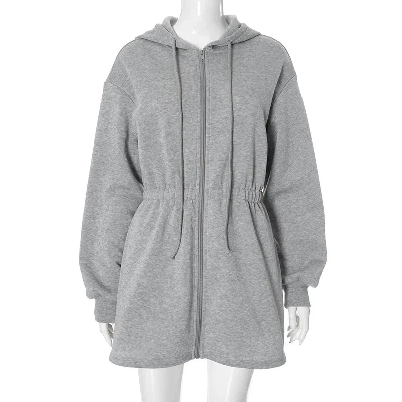 Women Warm Fleece Hooded Sweatshirts Dress Zip-up Long Sleeve Elastic Waist Drawstring Hoodies Casual Dresses Streetwear