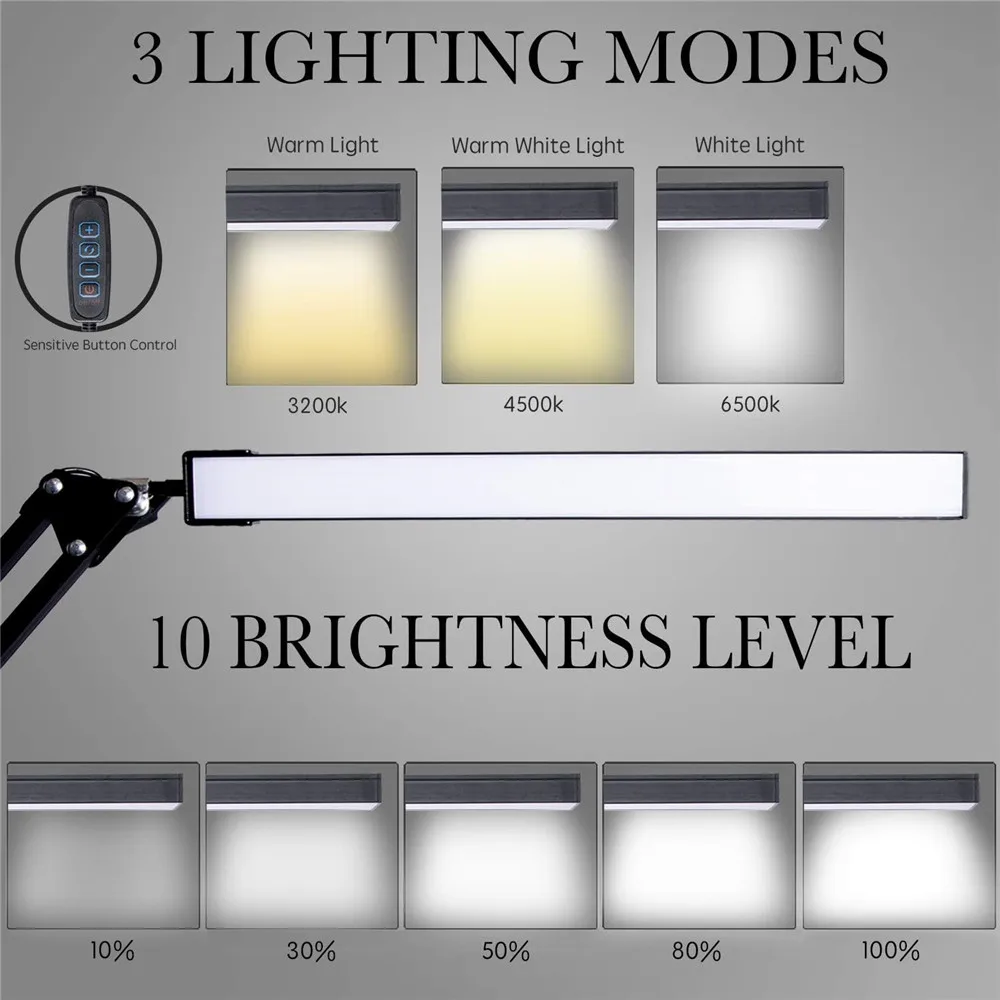Lampa biurkowa LED ramię wahadłowe lampka na biurko z zaciskiem 3 oświetlenie o 10 jasności i dbająca o oczy lampy biurkowe do czytania do domowego