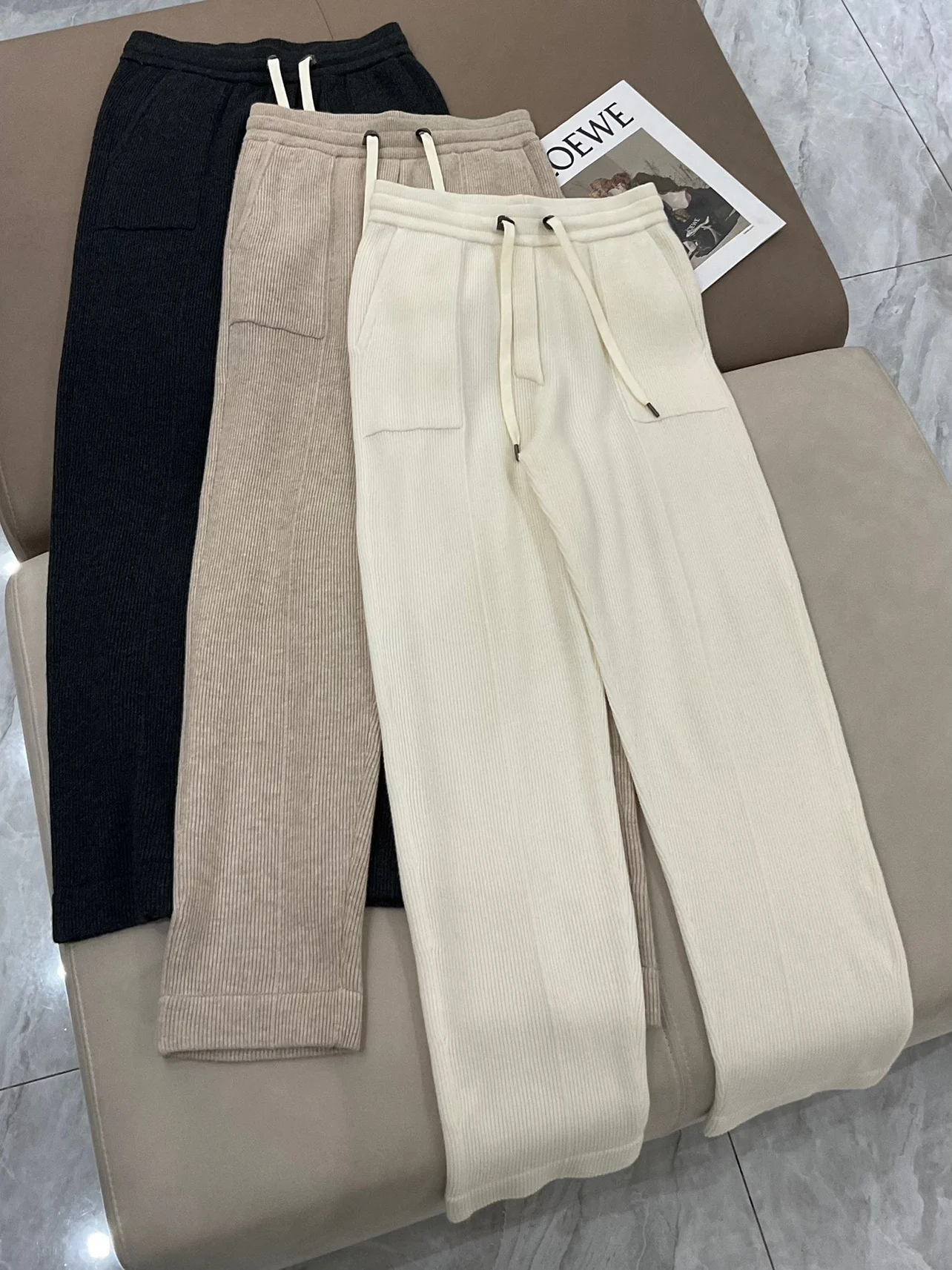 Autumn 2024 B*C Silk Wool Women\'s Pants Suit Lightweight Pullover Sweater Top + Drawstring Stretch Trousers 2-Piece Set