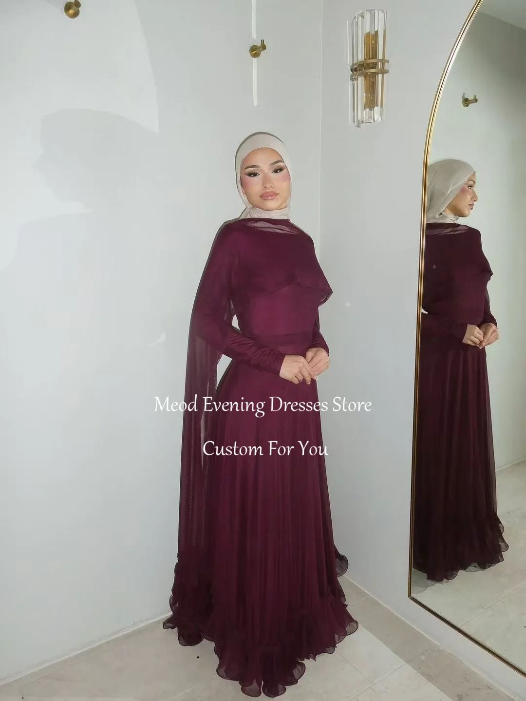 MEOD Pink Chiffon A-line فستان سهره Formal Floor-length Evening Dresses Long Sleeve Ruffle Robes De Soirée Customized