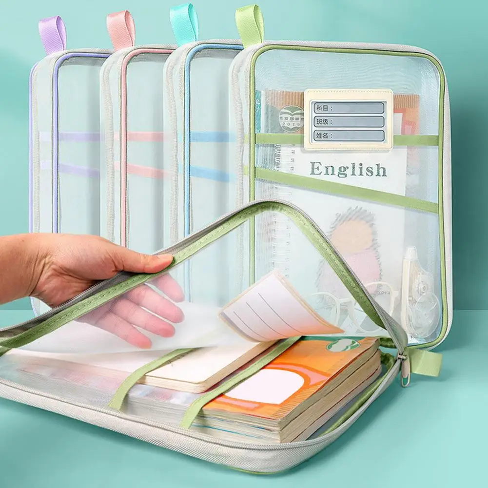 Mesh Document Bag with Zipper And Strap, L Shaped Three Layer Opening Pouch, Transparent File Organizer Office School Supplies