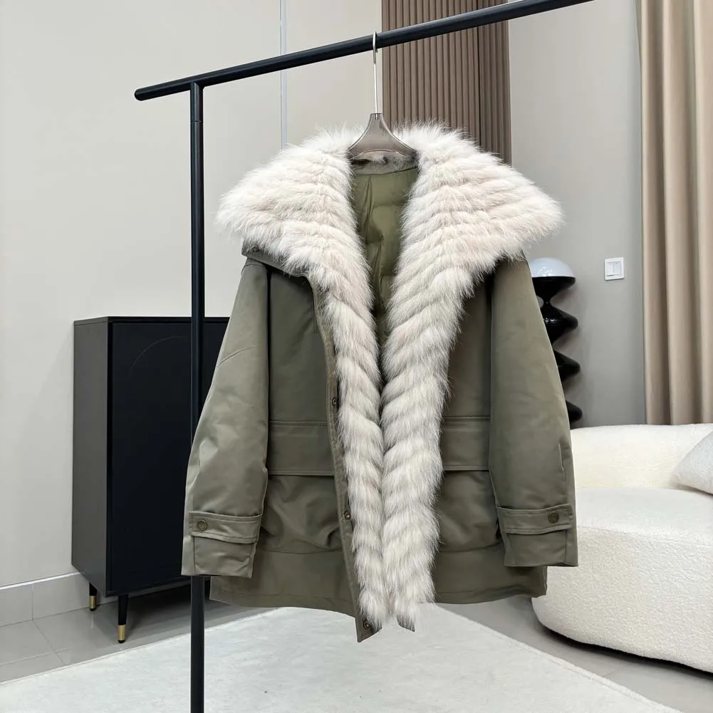 Winter Weibliche Straße Tragen Dicke Jacken Mit Kapuze Chic Casual Plüsch Frauen fuchs pelz kragen gänsedaunen pelzmantel