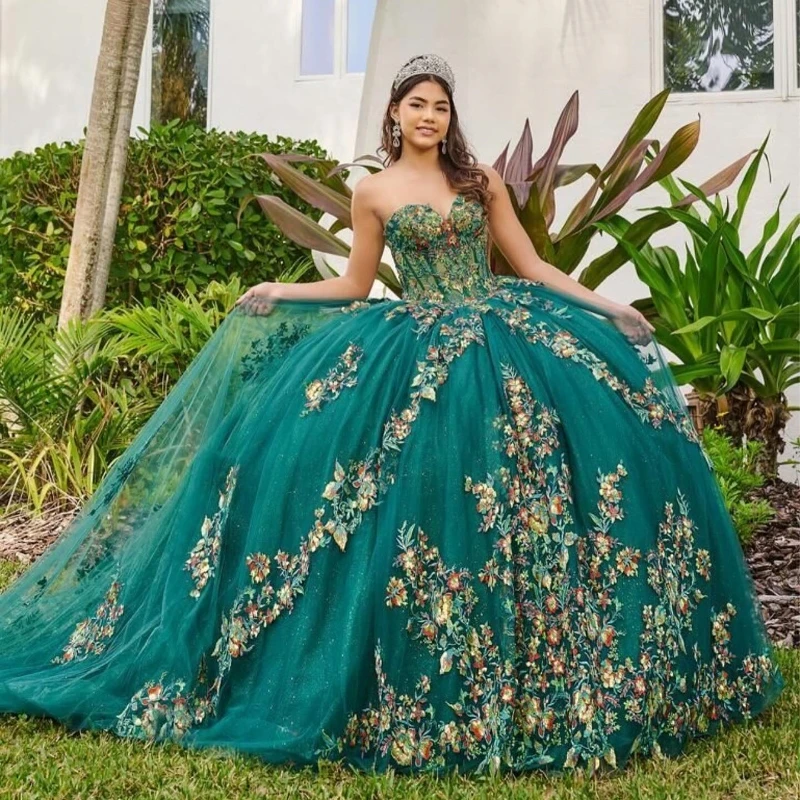 

Mexican Emerald Green Quinceanera Dress Ball Gown Off The Shoulder Lace Applique Beading Tull Sweet 16 Vestidos De 15 Años