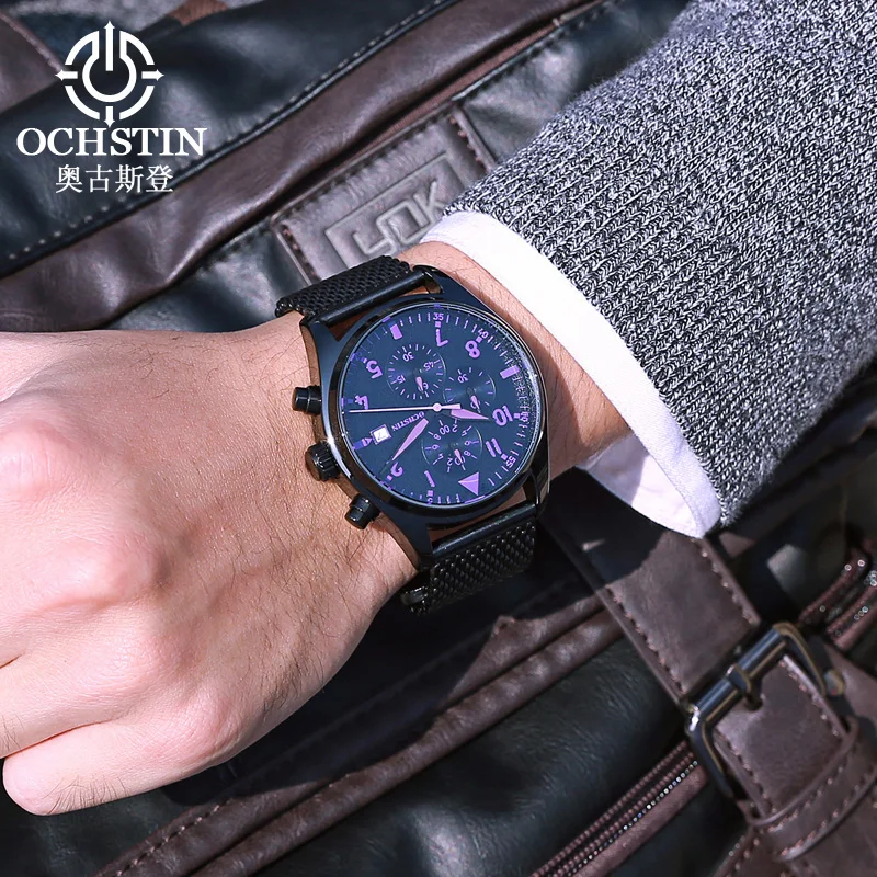 OCHSTIN Men Multifunction Quartz Mineral Hardened Glass Stainless Steel Mesh Strap Wristwatch Man Waterproof Fashion Clock