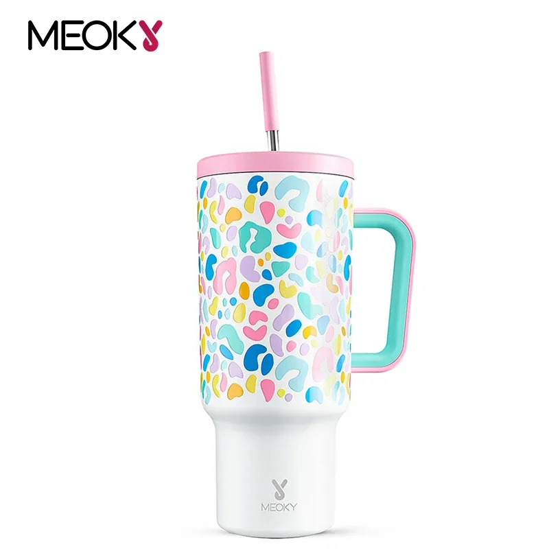 

Meoky 40oz Tumbler Straw Handle Non-Slip Base Cup Leak-proof Colorful Leopard Print Large Capacity Potable Ice Cold Vacuum Cup