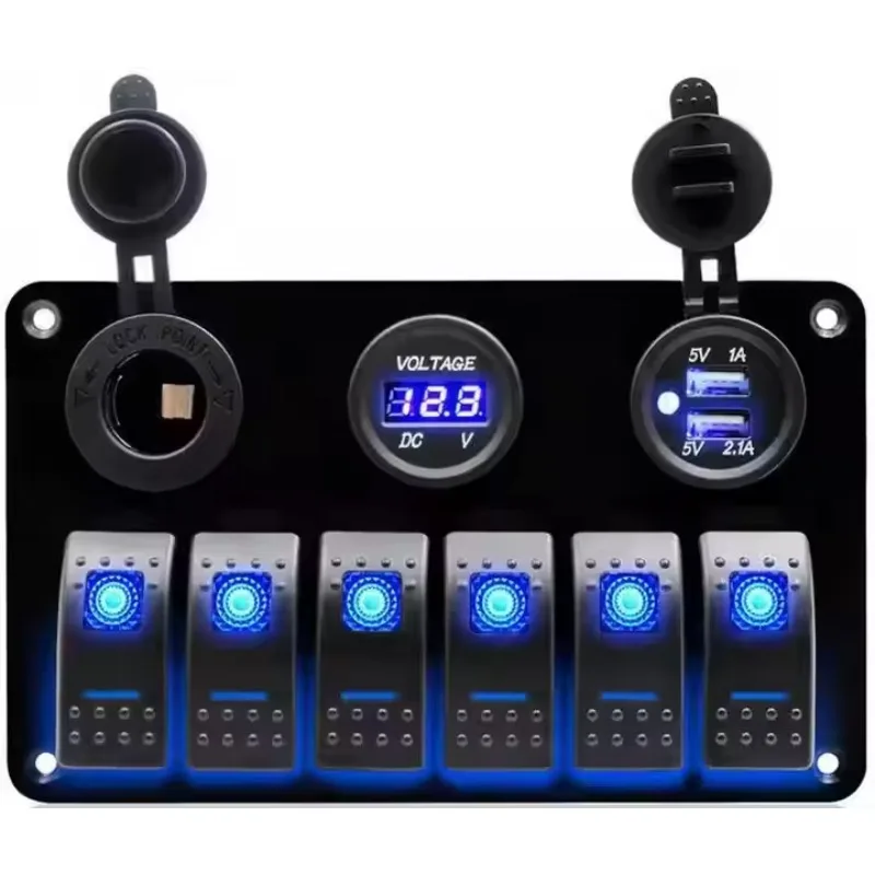 Waterproof 6 Gang  Engraving Rocker Voltmeter Switch Kit USB Socket Car Panel for Vehicle Truck Boat-DC 12-24V On-Off