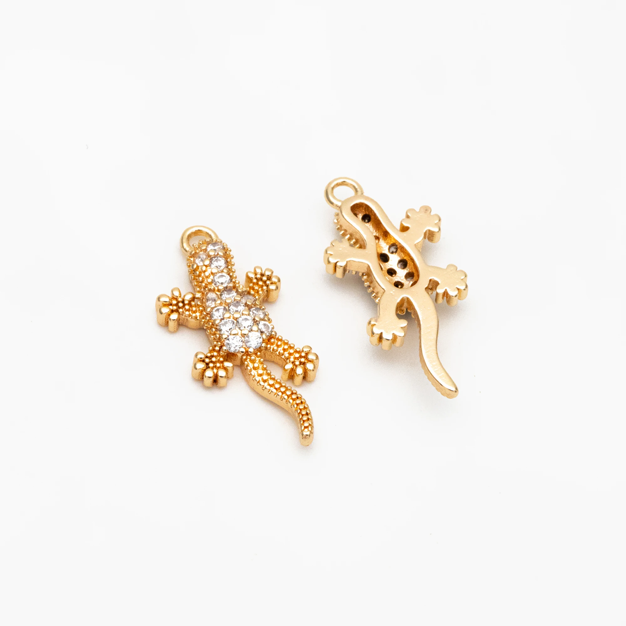 4pcs CZ Pave Gold Gecko Charms, 18K Gold Plated Brass, Lizard Pendant (GB-4384)