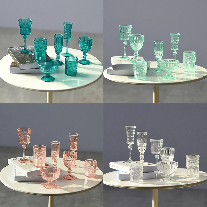 7 Teile/satz 1:6 Miniatur Wasser Tasse Geschnitzt Wein Glas Champagner Glas Modell Küche Möbel Puppenhaus Zubehör Pretend Spielzeug