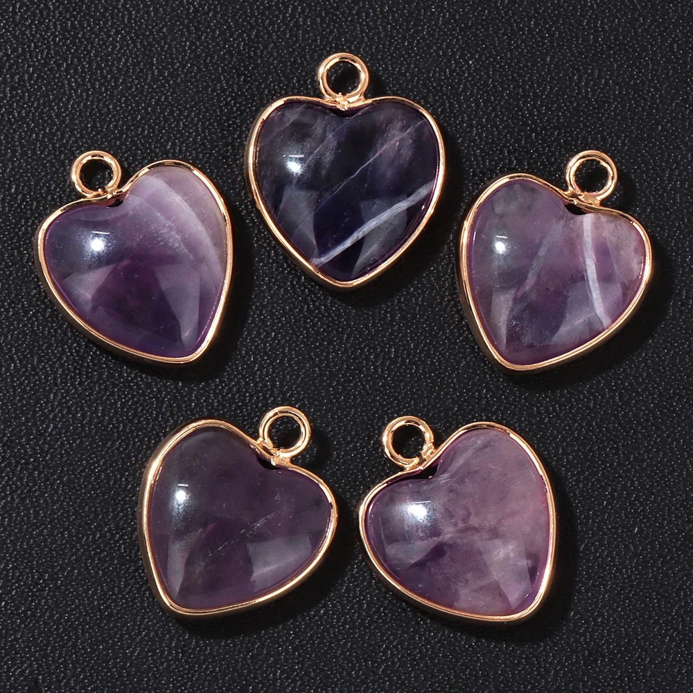 

5PCS Natural Stone Amethysts Rose Quartzs Pendant Love Heart Shape Gem Beads Charms for Jewelry Making DIY Necklace 15MM