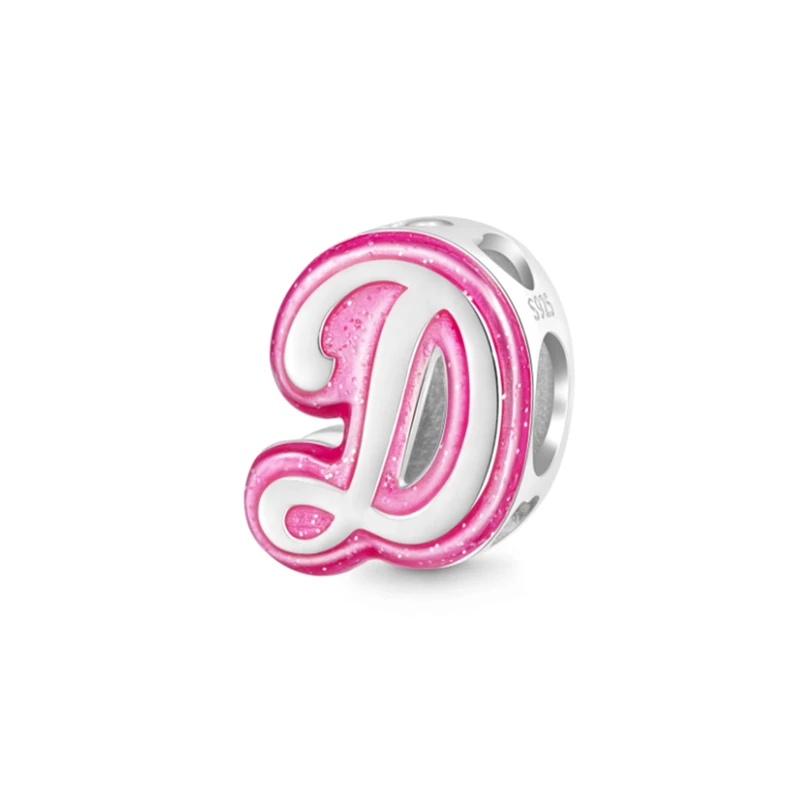 Pink Glitter Cursive A-Z Alphabet Silver Charm Fit Original Bracelet Custom Initial Name DIY Jewelry Gifts For Womens And Girls