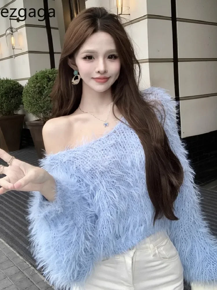 Ezgaga Sweater Pullover Women Furry Slash Neck Off Shoulder Outwear Solid Sexy Autumn Winter Knitwear Jumper Female Stylish