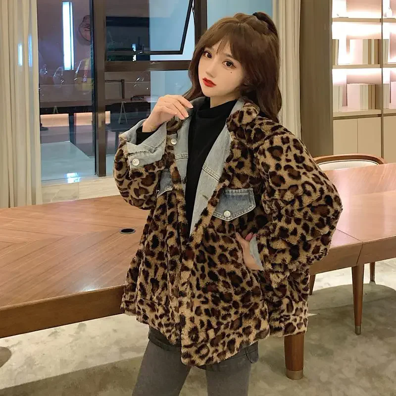 Women\'s Fur leopard-print Short Thick Imitation Mink Casual In The New Autumn and Winter Lamb Wool Denim Two-sided Coat Jacket