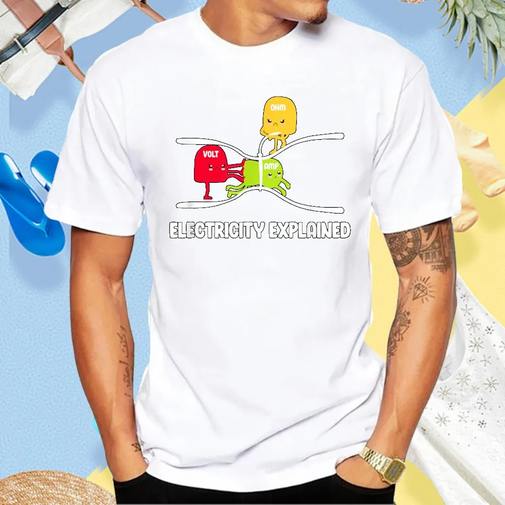 Electricity Explained Volt Ohm Amp Funny Electrician T-Shirt Humor Adult Joke Meme Cartoon Graphic Printed Cotton Clothing