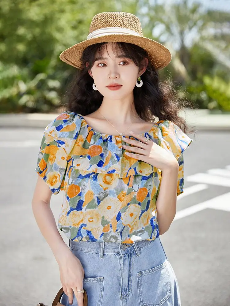 

French Off Shoulder Puff Sleeve Floral Blouse Women 2026 Summer New Chiffon Shirt Niche Design