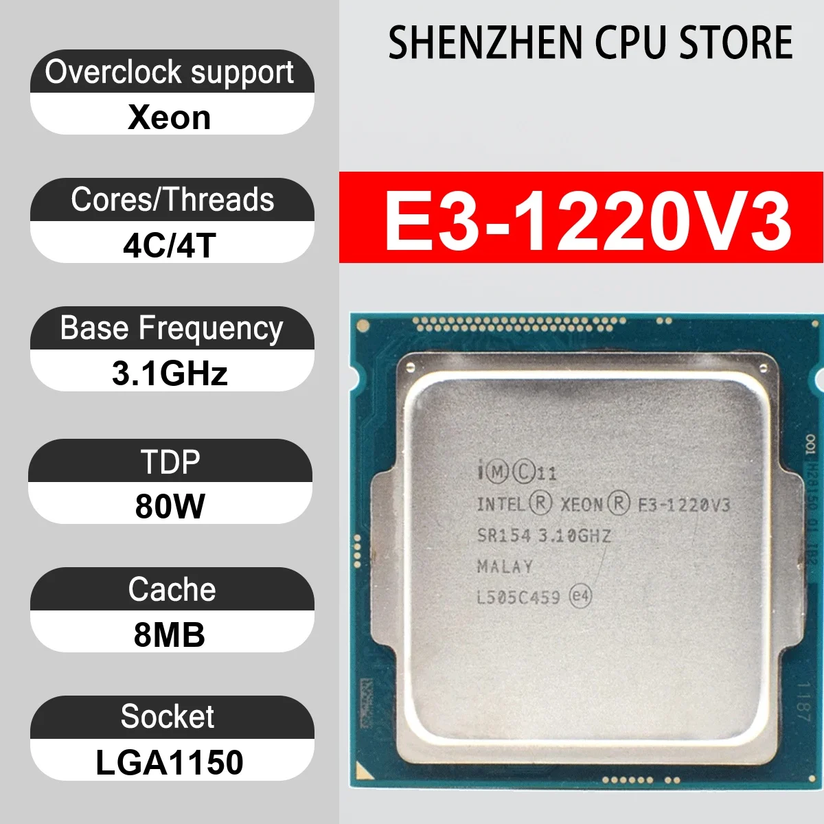 Intel Xeon E3-1220V3 4 Core 4 Thread 3.1GHz 80W 8MB Cache 22nm LGA1150 SR154 DDR3 1600 Mhz Haswell