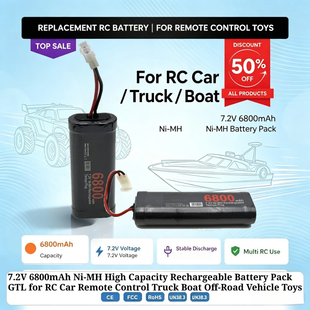 1-2pcs 7.2V 6800mAh Ni-MH High Capacity Rechargeable Battery Pack GTL for RC Car Remote Control Truck Boat Off-Road Vehicle Toys