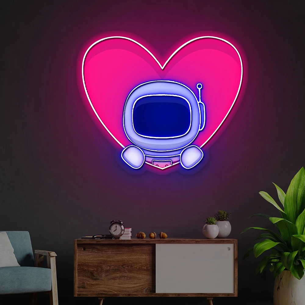 Cute Astronaut Popup From Heart Neon Sign Custom Neon Sign Game Room Home Wall Decor Light Bar Pub Decoration Personalized Gifts