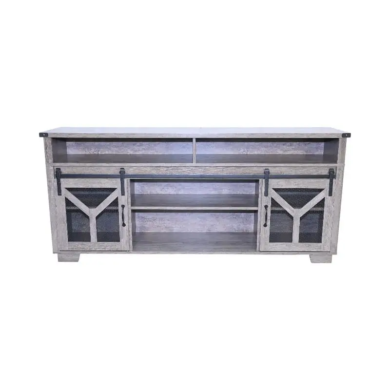 Soporte para TV de 65,3" con tiras de luz LED y puerta de granero de malla de hierro, estilo granja gris campestre