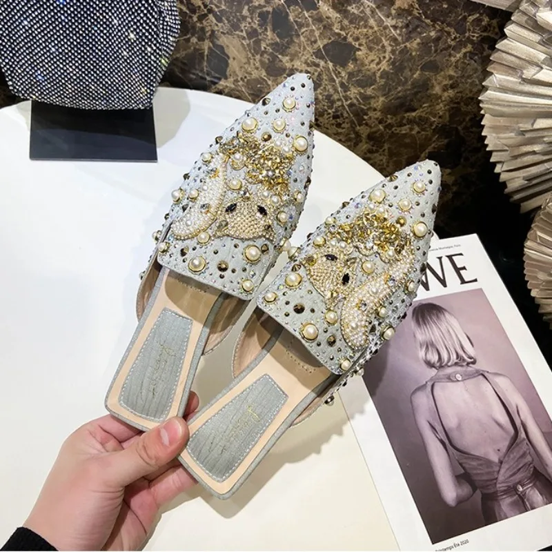 

High Quality Women's Pointed Head Rivets Half-drag Rhinestone Fox Casual Flat Bottom Sandals Fad Elegant Temperament Women Shoes
