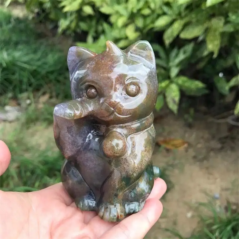 

9.7CM Natural Black Obsidian Fortune Cat Gemstone Carving Healing Animals Figurines Reiki Home Decoration Children Holiday Gift