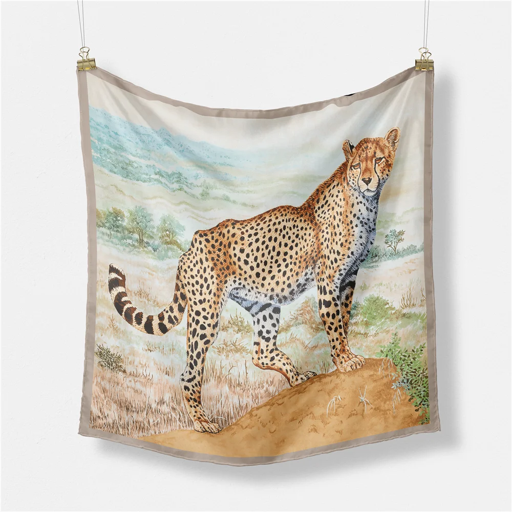 

53CM Women Scarf Design Luxury Brand Animal Grassland Leopard Silk Scarf Fashion Hijabs Hair Square Scarf Neckerchief For Ladies