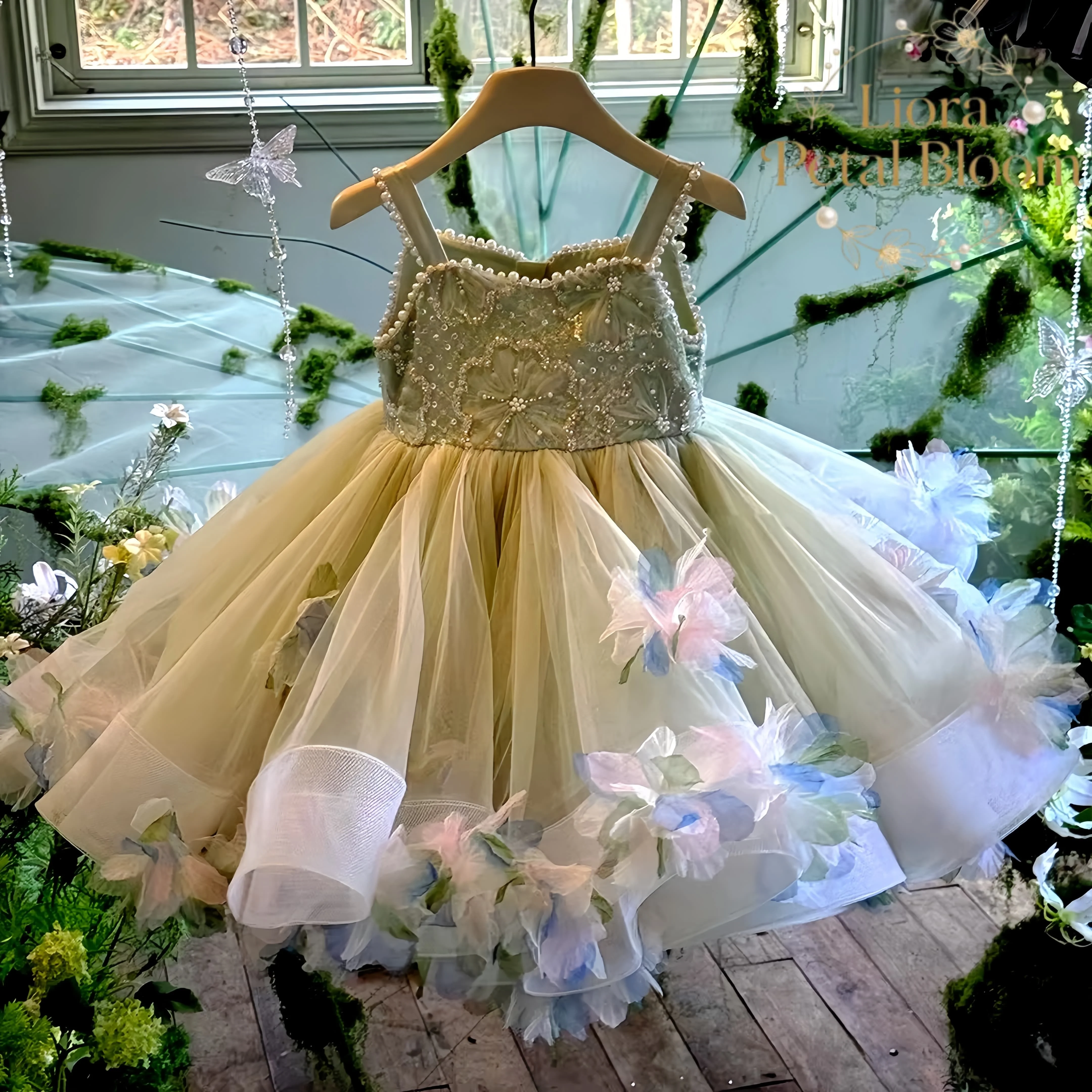 Vestido de Fada Amarelo para Crianças, Fantasia de Halloween, Vestido de Tule com Tiara de Flores e Asas, Vestido de Princesa Elfo