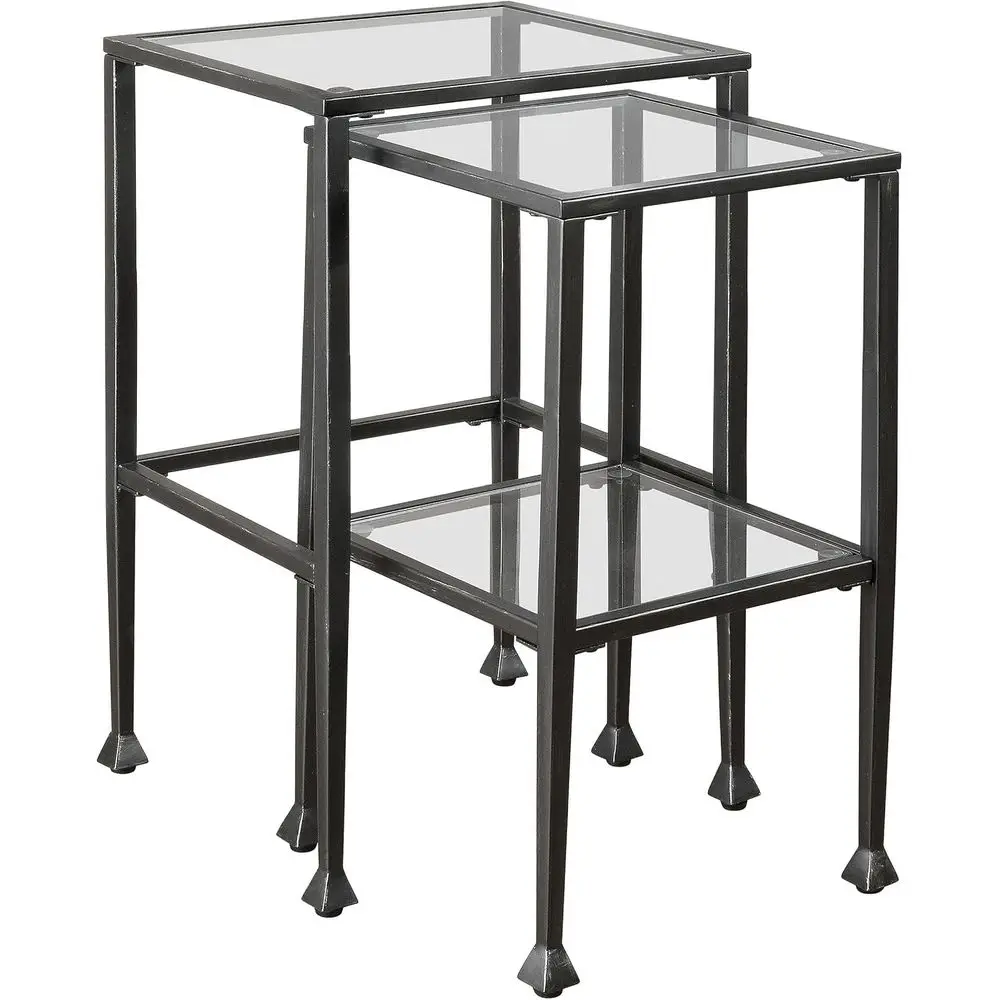 

2-Piece Black Nesting Table Set with Glass Tops and Metal Frame for Rustic Living Room
